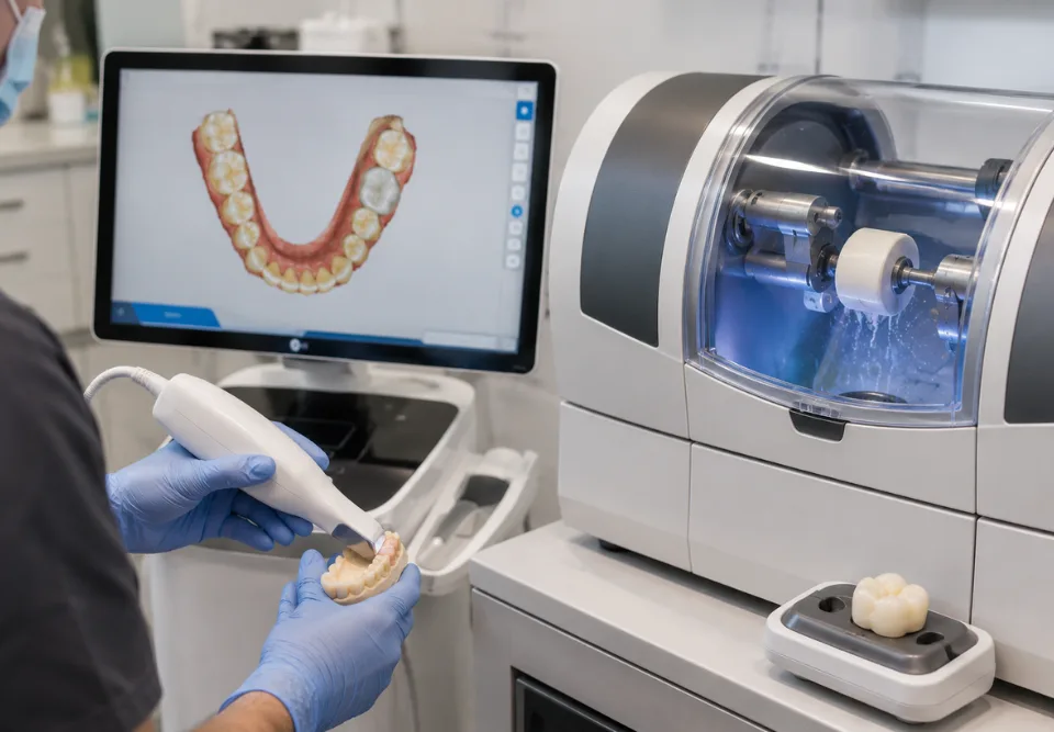 CEREC digital scan and in practice milling producing a same day ceramic crown