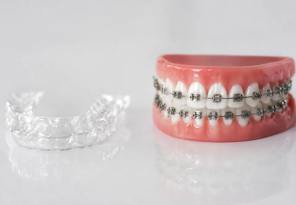 Clear aligners beside traditional braces representing two teeth straightening options